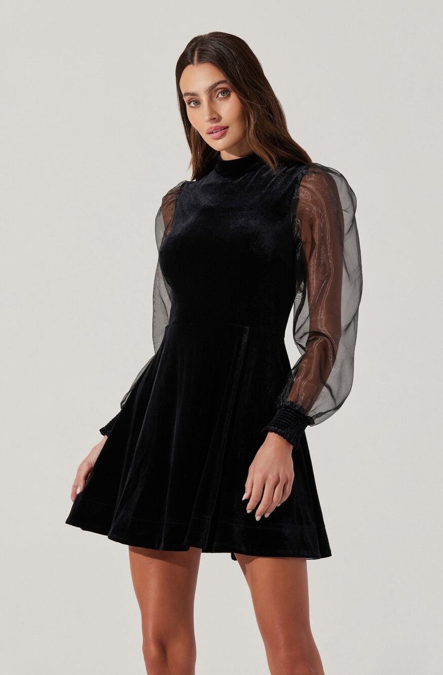 ASTR the Label Black Velvet + Sheer Puff Sleeve Mini Dress XL Event Party